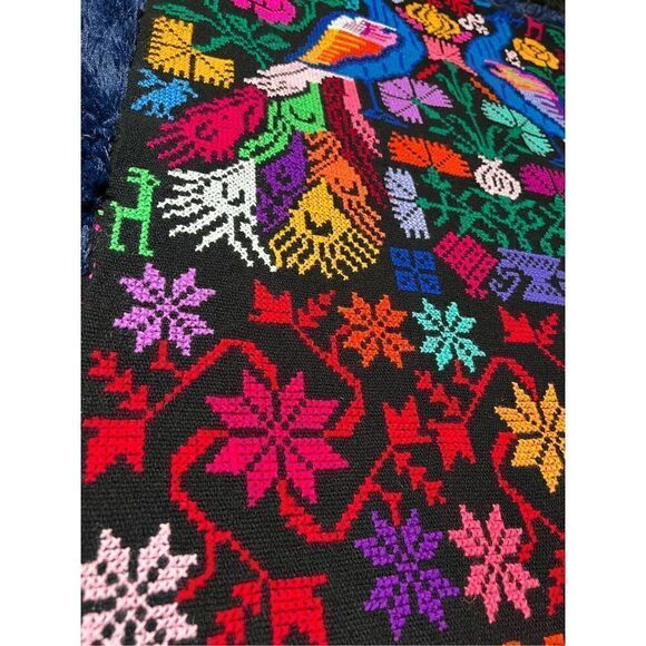 Camelia Mexican Shawl Colorful Embroidery Art Black Floral Peacock Design - Picture 4 of 7